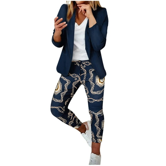 Edvintorg Women's Business Blazer Pant Suit Set for Work Women's Long Sleeve Printing Suit Pants Casual Elegant Business Office Suit Sets