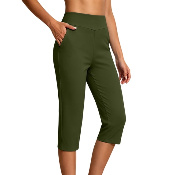 Edvintorg Women's Capri Pants Stretch High Waisted Casual Slim Fit Athletic Yoga Cropped Pants with Pocket Woman Clothes Army Green S
