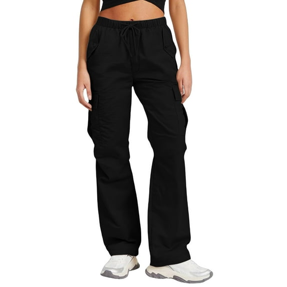 Edvintorg Women's Cargo Pants with Pocket Solid Color Elastic Waist Drawstring Loose Casual Sports Jogging Pants Womens Trousers Black XL