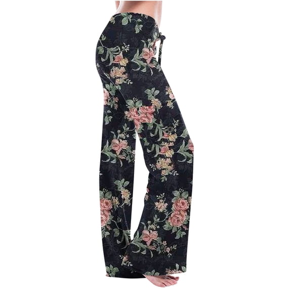 Edvintorg Women's Casual Loose Wide Leg Pants Harajuku Fashion Flower Print High Waist Pants Summer Wide Leg Long Lounge Pant With Pocket On Clearance