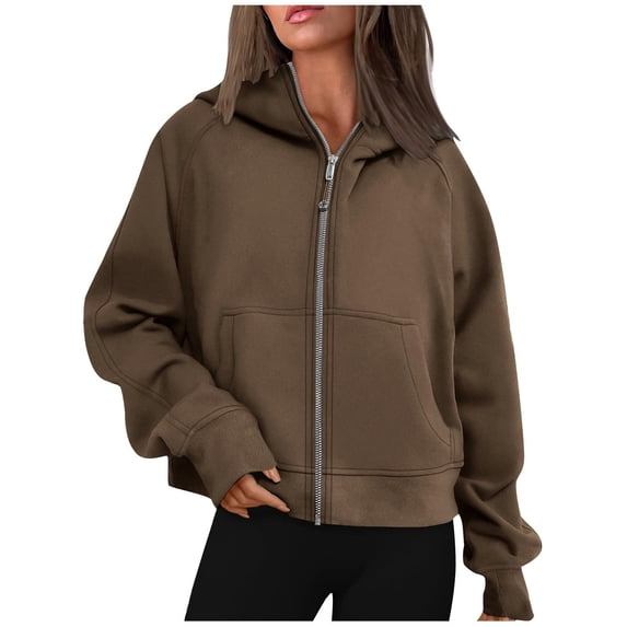 Edvintorg Women's Casual Short Hooded Sweatshirt Long Sleeve Fashion Solid Cardigan Zipper Hoodies Crop Sweatshirts Tops With Pockets On Clearance
