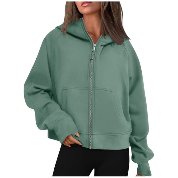 Edvintorg Women's Casual Short Hooded Sweatshirt Long Sleeve Fashion Solid Cardigan Zipper Hoodies Crop Sweatshirts Tops with Pockets
