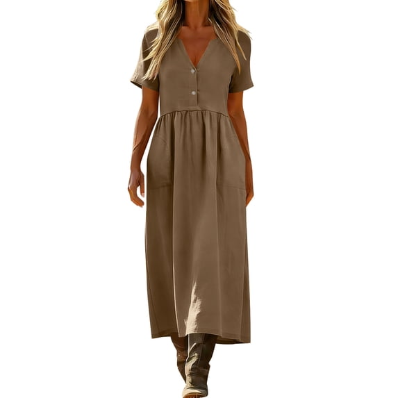 Edvintorg Women's Casual Summer Midi Dress Short Sleeve V-Neck Button Down Dresses Vacation Clothes for Women