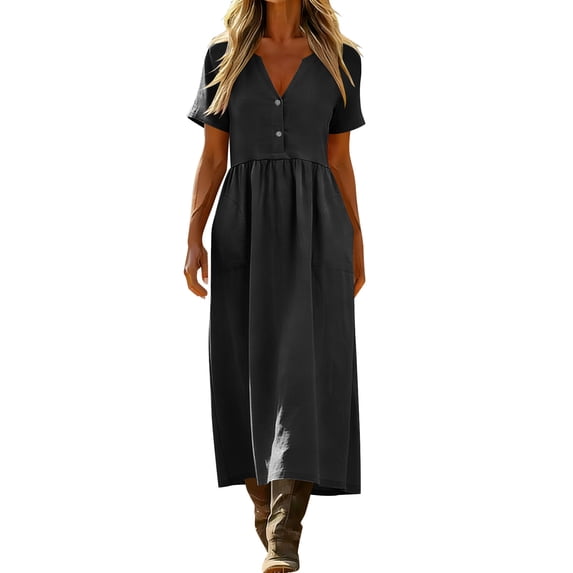 Edvintorg Women's Casual Summer Midi Dress Short Sleeve V-Neck Button Down Dresses Vacation Clothes for Women