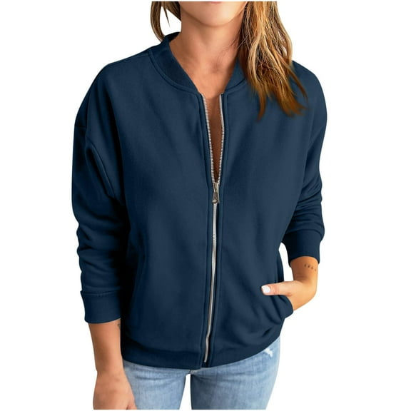 Edvintorg Women's Classic-Fit Full Zip Bomber Jacket Streetwear Casual Solid Color Pocket Zippered Coat Jacket Long Sleeve