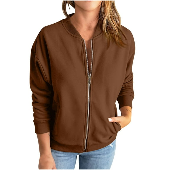 Edvintorg Women's Classic-Fit Full Zip Bomber Jacket Streetwear Casual Solid Color Pocket Zippered Coat Jacket Long Sleeve
