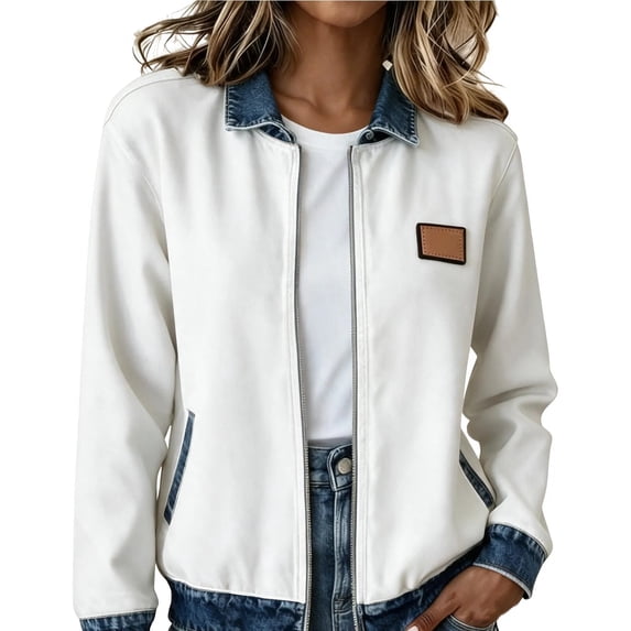 Edvintorg Women's Coats Color Block Long Sleeve Lightweight Jacket Fall Collared Zip up Outerwear with Pocket Plus Size Trendy Womens Clothes White S-3XL
