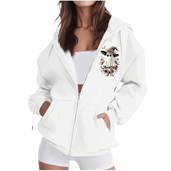 Edvintorg Women's Coats Halloween Printed Hooded Zip up Jacket Long Sleeve Loose Casual Outerwear with Pocket Plus Size Womens Clothes White S-3XL