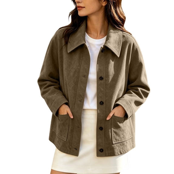 Edvintorg Women's Coats Plus Size Button Down Casual Jacket Long Sleeve Turndown Collar Loose Outerwear with Pocket Womens Fashion Coffee S-3XL