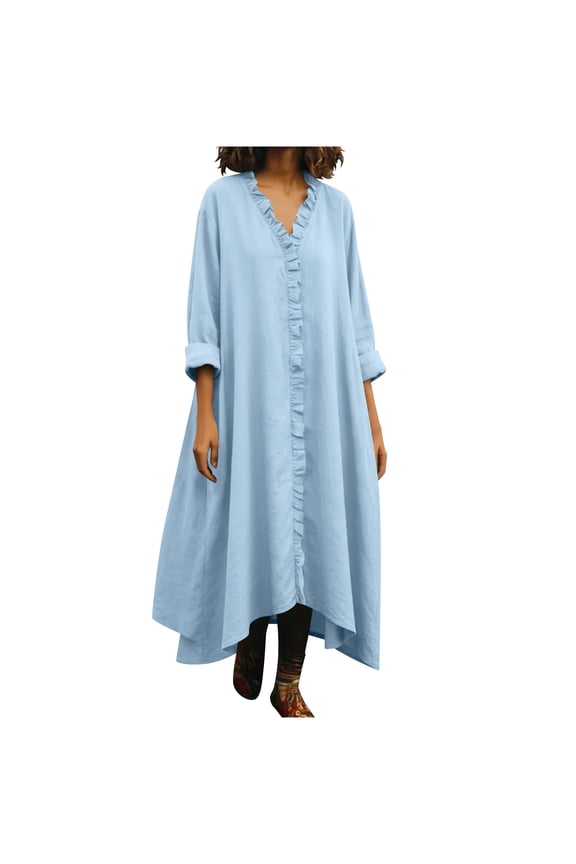 Women's Cotton Linen Casual Maxi Dress Long Sleeve V Neck Ruffle Loose Beach Dresses
