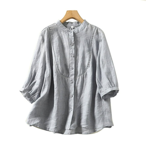 Edvintorg Women's Cotton Linen Shirts Fashion Women's 3/4 Sleeve Solid Round Neck Casual Elastic Comfy Blouse Shirt Work Blouses Tops with Buttons