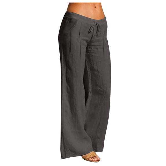 Edvintorg Women's Cotton and Linen Long Pants Summer Elastic Waist Casual Wide Leg Trousers Comfy Lounge Pants with Pockets
