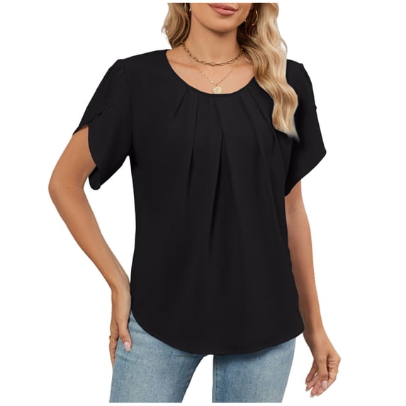 Edvintorg Women's Dressy Casual Blouses Business Short Sleeve Shirts Summer Work Tops Fashion Pleated Shirts