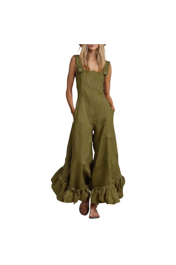 Women's Dressy Jumpsuit Sleeveless Ruffle Wide Leg Jumpsuits with Pockets Summer Casual Beach Travel Rompers Jumpers