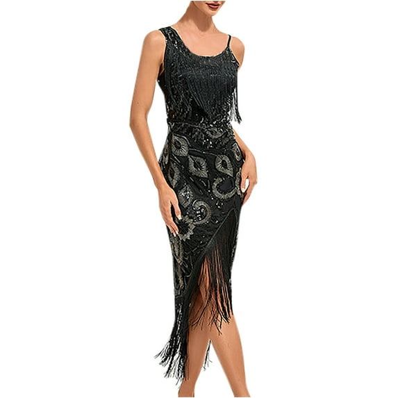 Edvintorg Women's Evening Dress V-Neck Sleeveless Irregular Sequin Ball Tassel Cocktail Dresses Party Banquet Dance Dress Female
