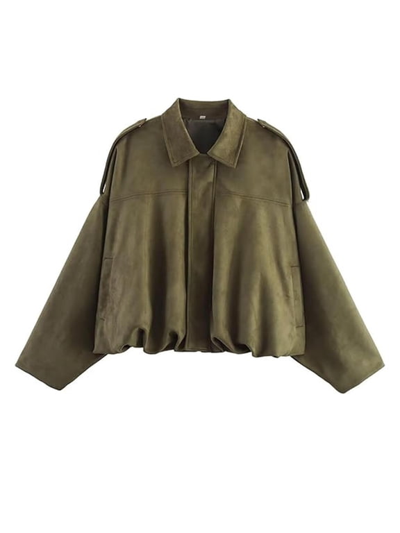 Women's Fall Jackets Solid Color Casual Loose Suede Textured Coat with Zipper Long Sleeve Lapel Outerwear Trendy 2025 Green S