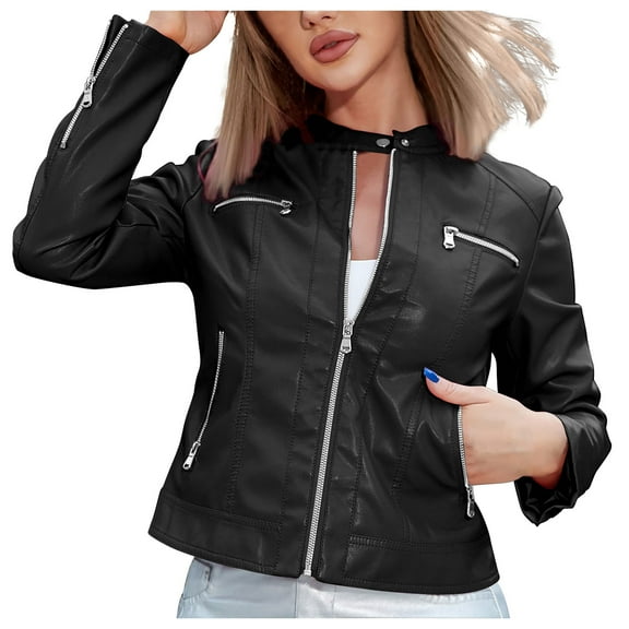Edvintorg Women's Faux Leather Motorcycle Jacket Casual Slim Fit Cropped Coat Long Sleeves Suit Style Leather Jackets