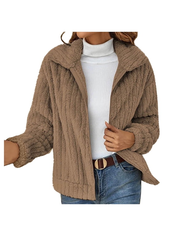 Women's Full Zip Fleece Short Jacket Warm Winter Long Sleeve Turn Down Collar Cropped Jacket Plus Size Outwears