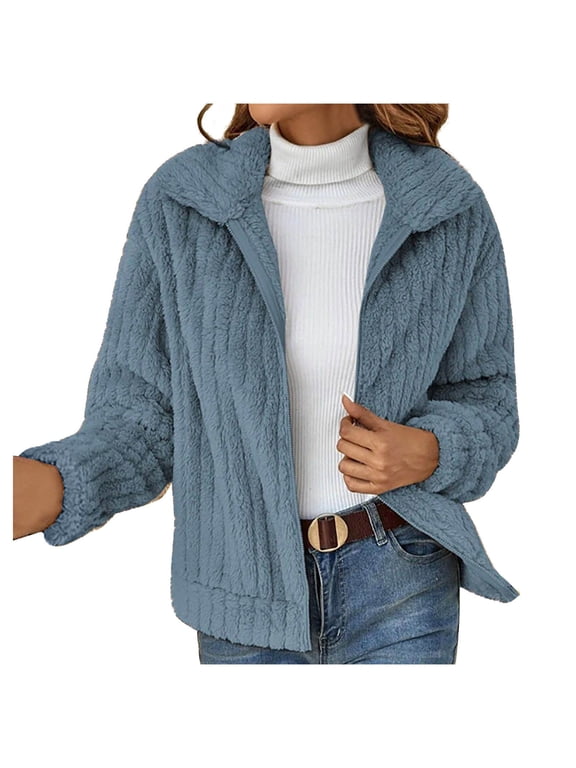 Women's Full Zip Fleece Short Jacket Warm Winter Long Sleeve Turn Down Collar Cropped Jacket Plus Size Outwears