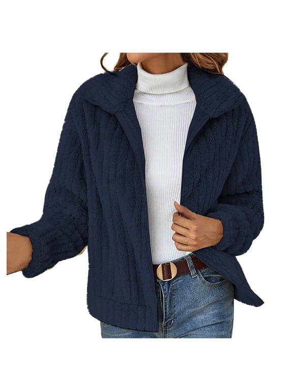Women's Full Zip Fleece Short Jacket Warm Winter Long Sleeve Turn Down Collar Cropped Jacket Plus Size Outwears
