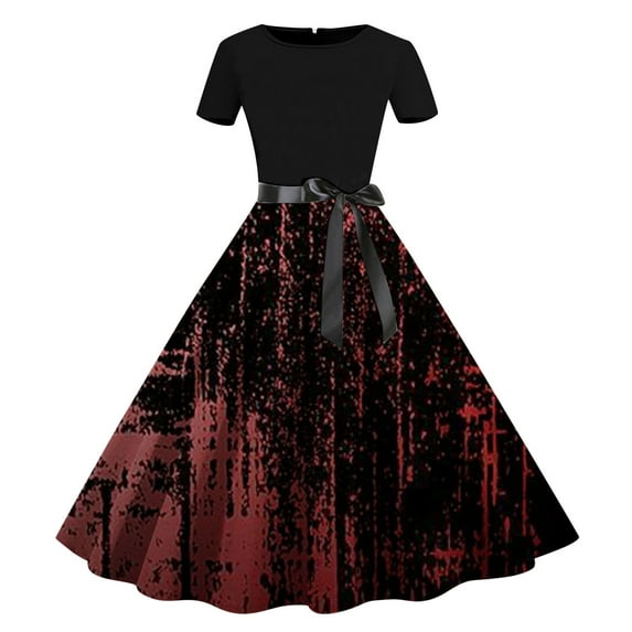Edvintorg Women's Halloween Dress Clearance Women's Vintage Evening Dress Classic Print Casual Loose Swing Dress