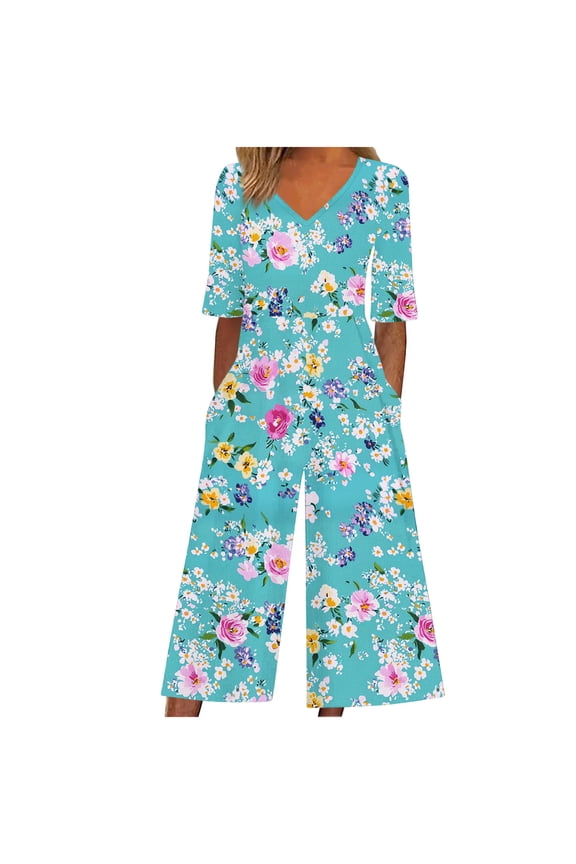 Women's Jumpsuits, Rompers & Overalls Summer Casual Loose Wide Leg Jumpsuit Pants with Pocket Vintage Printed Short Sleeve Holiday Jumpsuit