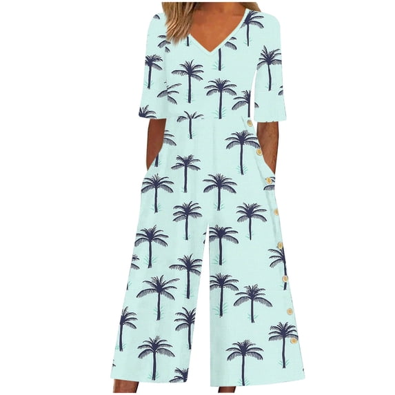 Edvintorg Women's Jumpsuits with Pocket Floral Short Sleeve V Neck Zipper Wide Leg Jumpsuits Summer Beach Vacation Clothes for Women