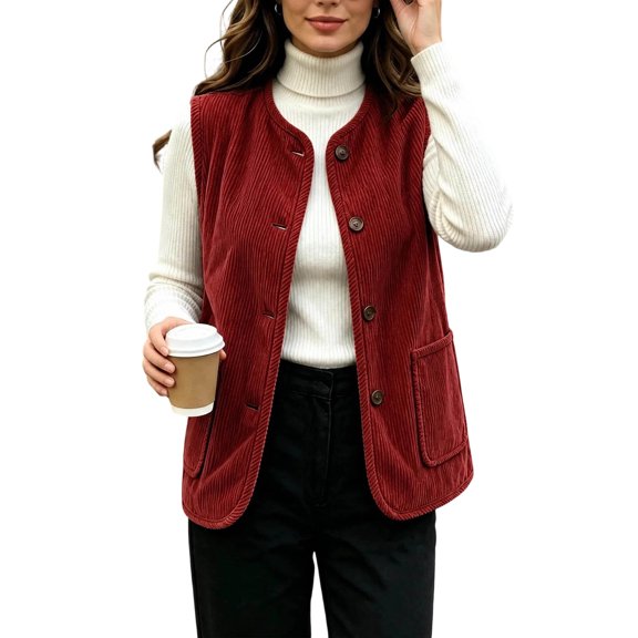Edvintorg Women's Lightweight Corduroy Vest Fall Fashion Sleeveless Button up Waistcoat with Pockets Winter Casual Outerwear