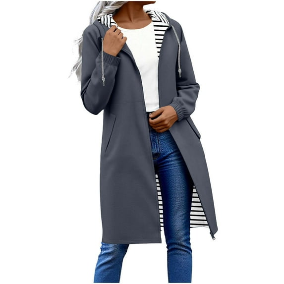 Edvintorg Women's Long Hooded Rain Jacket Outdoor Raincoat Windbreaker Windproof Loose Casual Full-Zip Outerwear with Pocket Gray C XL