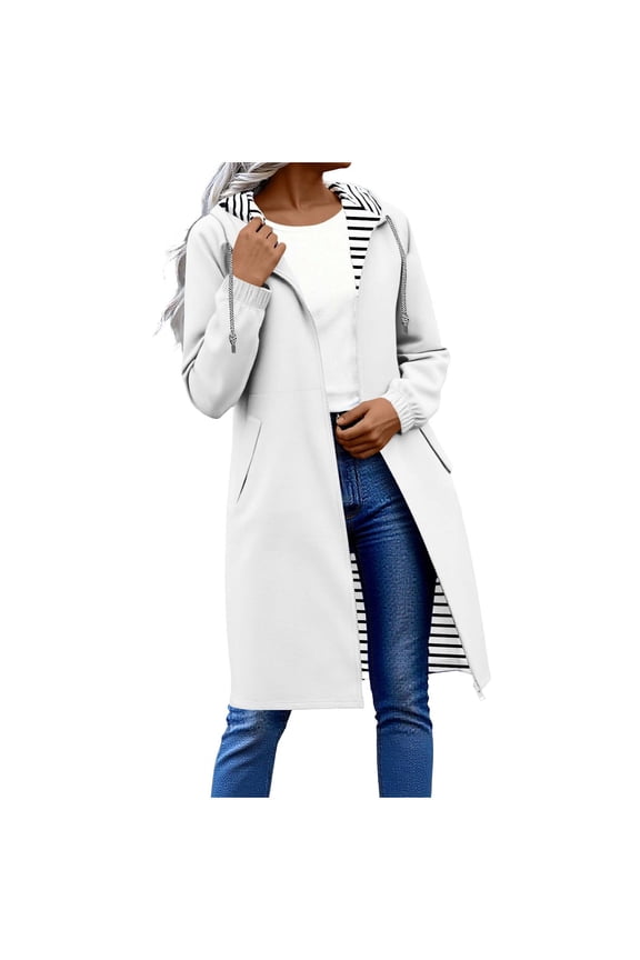 Women's Long Hooded Rain Jacket Outdoor Raincoat Windbreaker Windproof Loose Casual Full-Zip Outerwear with Pocket White C S