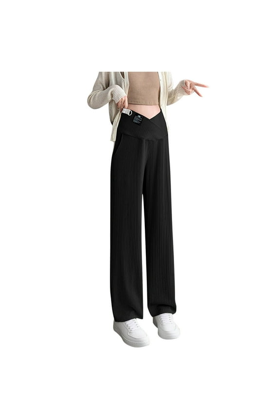 Women's Maternity Pants Casual Loose Wide Leg Cozy Pant Over The Belly Pregnancy Lounge Trousers with Pockets Maternity Work Pants Black L