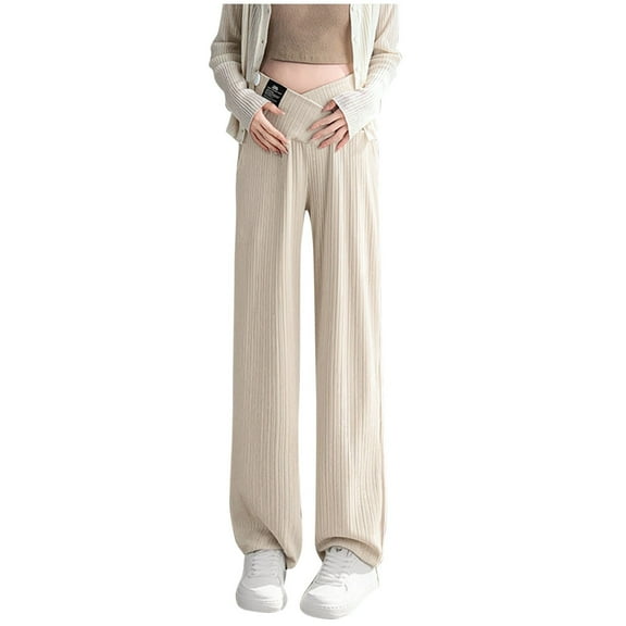Edvintorg Women's Maternity Pants Casual Loose Wide Leg Cozy Pant Over The Belly Pregnancy Lounge Trousers with Pockets Maternity Work Pants Khaki XL