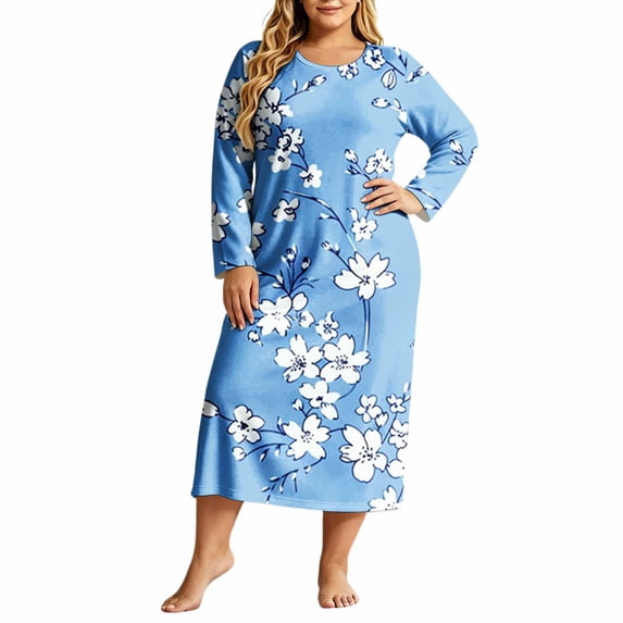 Edvintorg Women's Nightgowns Plus Size Floral Printed Long Sleeve Lightweight Lounge Dress Crew Neck Night Shirt Womens Fashion Multicolor XXXL