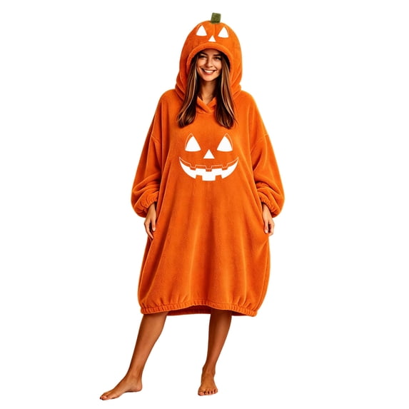 Edvintorg Women's Nightgowns & Sleepshirts Halloween Printed Long Sleeve Casual Lounge Dress Hooded Loungewear Loose Night Shirt Plus Size Women's Clothes Orange L
