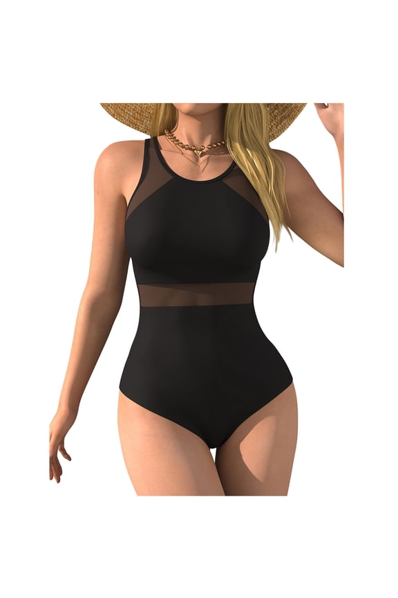 Women's One Piece Swimsuits Bathing Suits Tummy Control Slimming Mesh Swimwear Monokini