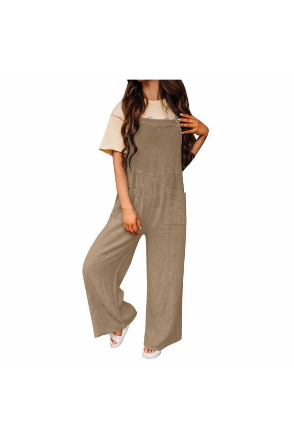 Women's Overalls Plus Size Summer New Women's Casual Solid Color Pocket Square Collar Loose Suspenders Jumpsuit Khaki S