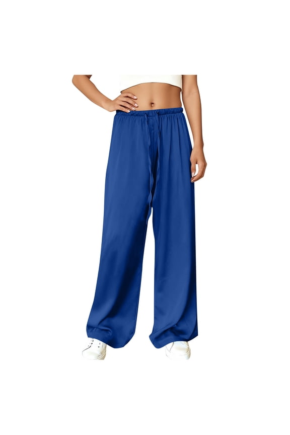 Women's Pants Fashion Silk Satin Elastic Waist Lounge Pants Casual Loose Wide Leg Trousers with Drawstring
