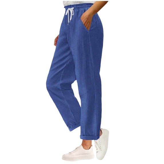 Edvintorg Women's Pants Fashion Solid Color Elastic Waist Sports Casual Corduroy Pants with Side Pockets Womens Trousers Blue M