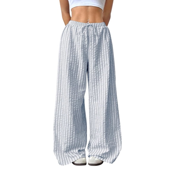 Edvintorg Women's Pants Spring Summer Striped Mid Waisted Lounge Pants with Drawstring Comfy Wide Leg Trousers Women Fashion