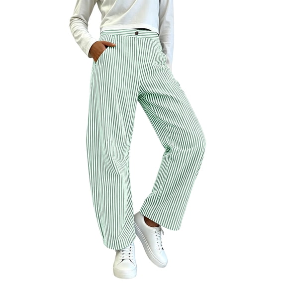 Edvintorg Women's Pants Striped Loose Elastic Waisted Casual Wide Leg Trousers with Pockets Plus Size Fashion Womens Clothing Green M