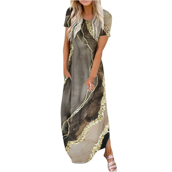 Edvintorg Women's Short Sleeve Maxi Dress Vintage Printing Casual Rounk Neck Pockets Summer Long Dresses Beach Outfits for Women 2025