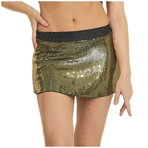 Edvintorg Women's Skirts Streetwear Sequins Skirt Fashion Solid Color High Waist Stretch Short Skirt Gold M