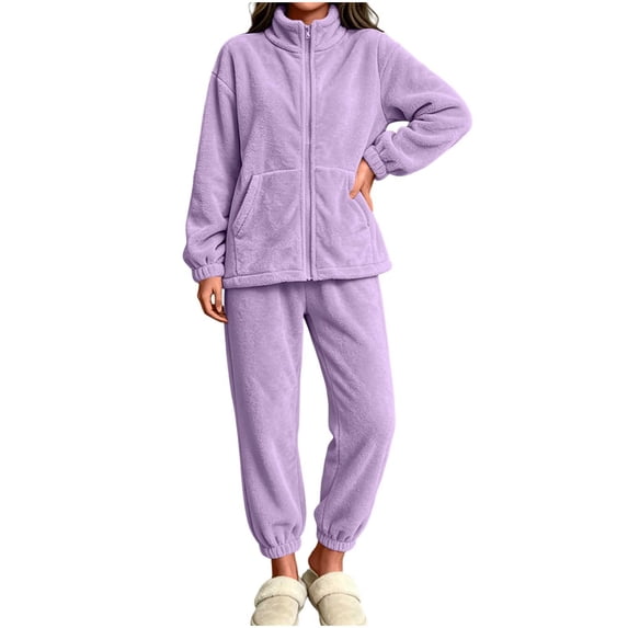 Edvintorg Women's Sleepwear 2 Piece Pajamas Long Sleeve Zip Up Top and Pant with Pocket Fleece Lounge Sets for Women Purple S