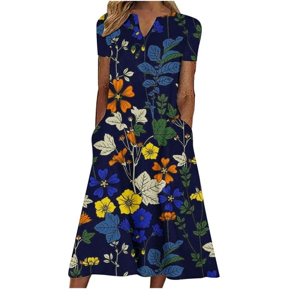 Edvintorg Women's Summer Dresses 2025 Beach Casual Short Sleeve Floral Print Loose Midi Dress with Pocket
