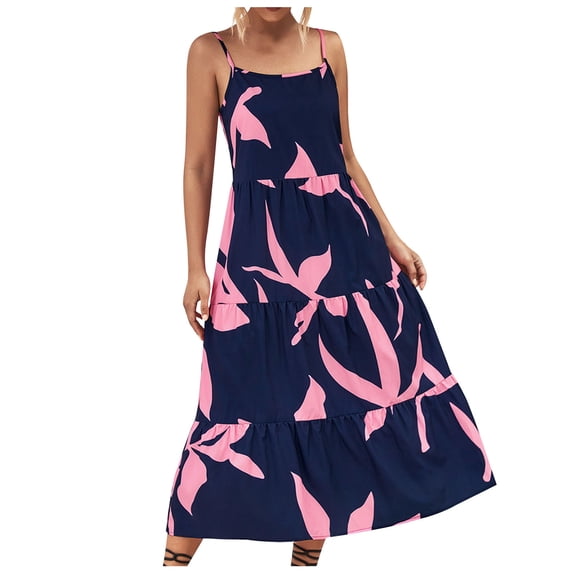 Edvintorg Women's Summer Floral Spaghetti Strap Sundress Womens Open-Back Sleeveless Drawstring Printed Temperament Flowy Maxi Dresses Blue L
