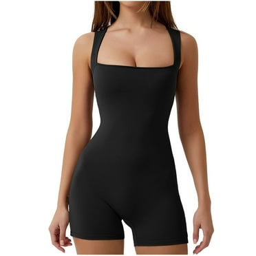 Edvintorg Women's Summer Ribbed Sleeveless Tank Bodycon Romper Short Yoga Jumpsuit Womens Sexy Playsuit Strappy Square Neck Tank Top Slimming Bodycon Solid Stretch Shorts Jumpsuit On Clearance