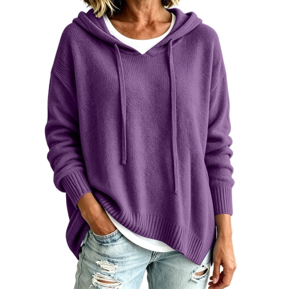 Edvintorg Women's Sweaters Lightweight Long Sleeve Hooded Pullover Top Fall Loose Knit Sweater Clothes for Women Purple M