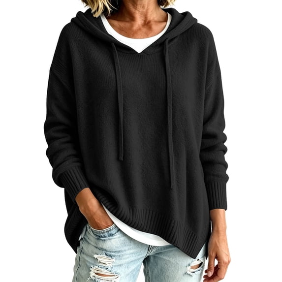 Edvintorg Women's Sweaters Fall Fashion Long Sleeve Crew Neck Hooded Pullover Sweaters Business Dressy Casual Knitted Tops for Women