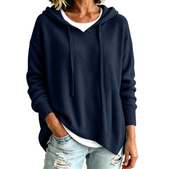 Edvintorg Women's Sweaters Lightweight Long Sleeve Hooded Pullover Top Fall Loose Knit Sweater Clothes for Women Navy XXL