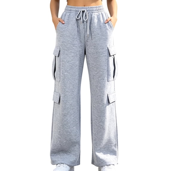 Edvintorg Women's Sweatpants Solid Color Casual Fashion Cargo Elastic Waisted Wide Leg Loose Jogger with Pocket Women Clothes Gray S-2XL